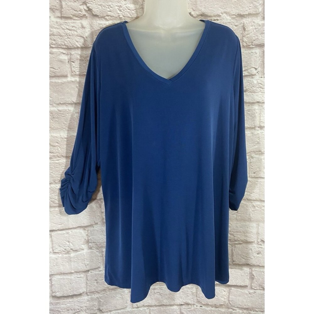 Susan Graver liquid Knit Top 1X Blue Ruched Gathered 3/4 Sleeve V Neck Blouse‎